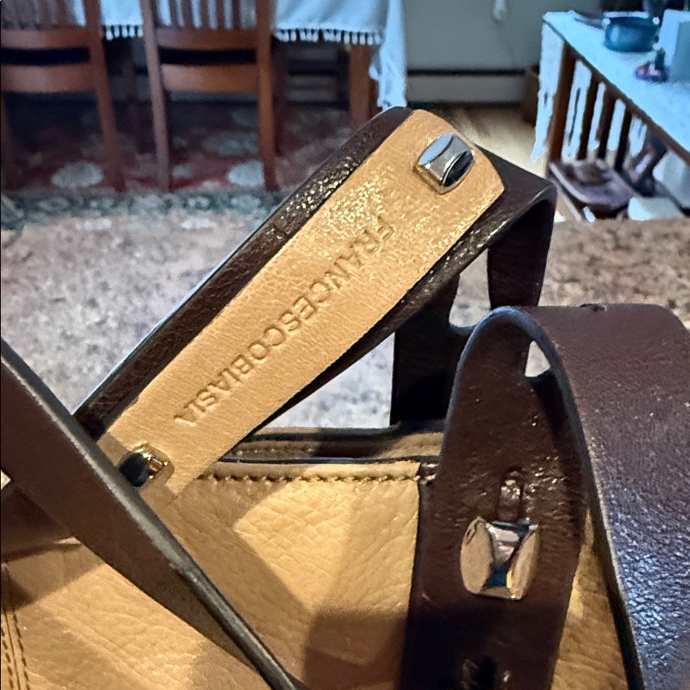Francesco Biasia Beige Leather Shoulder Bag with Dark Brown Straps - Picture 4 of 16